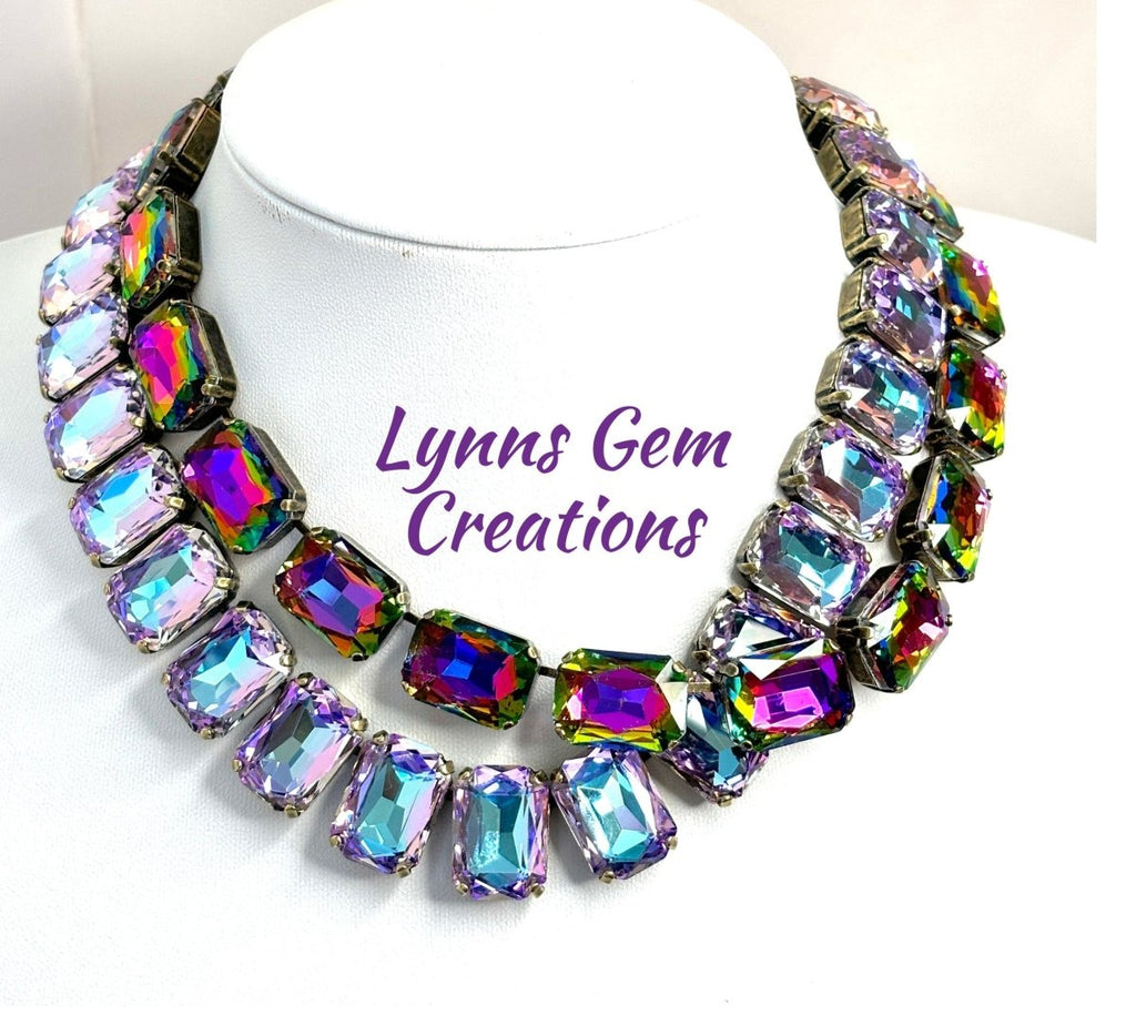 Pink Peach Blue Rainbow Georgian Collet Necklaces | Crystal Chokers | Anna Wintour Style
