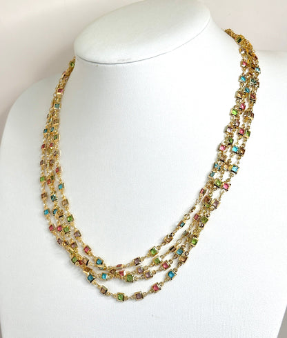 Extra Long Multicolour Crystal Chain Necklace | Gold Tone | No Clasp | Statement Chain