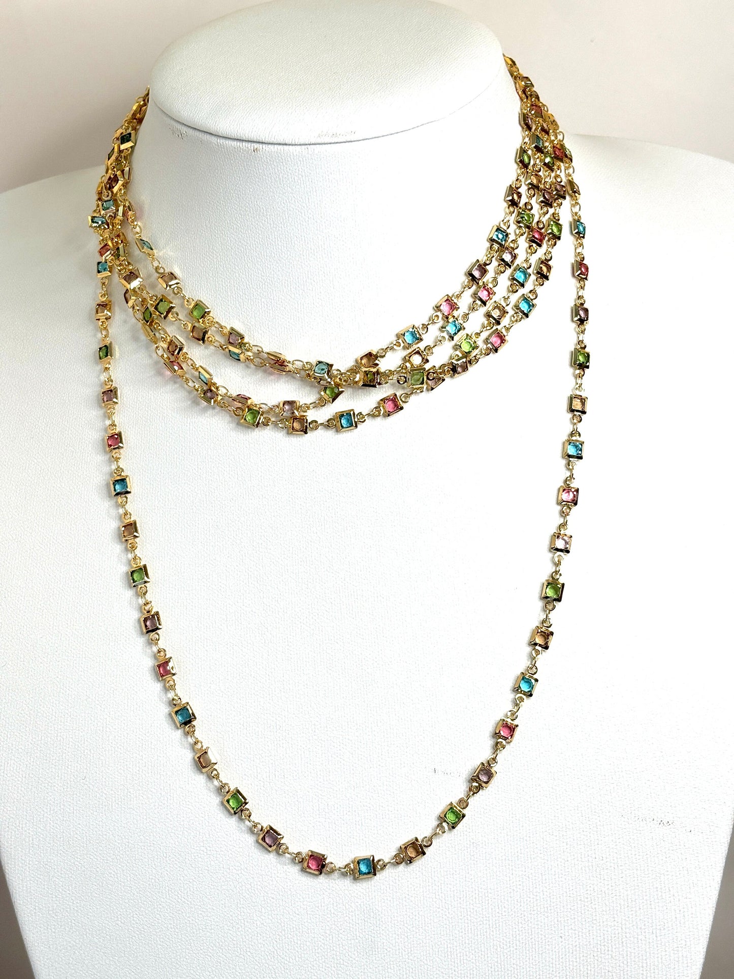 Extra Long Multicolour Crystal Chain Necklace | Gold Tone | No Clasp | Statement Chain