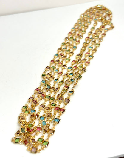 Extra Long Multicolour Crystal Chain Necklace | Gold Tone | No Clasp | Statement Chain