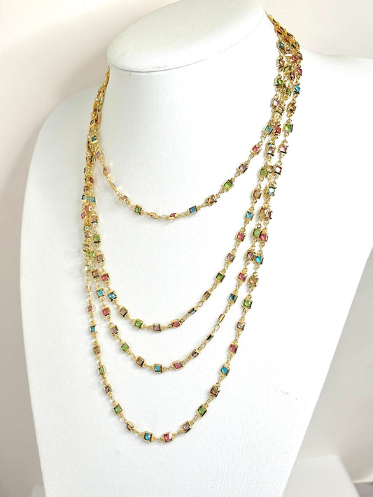 Extra Long Multicolour Crystal Chain Necklace | Gold Tone | No Clasp | Statement Chain