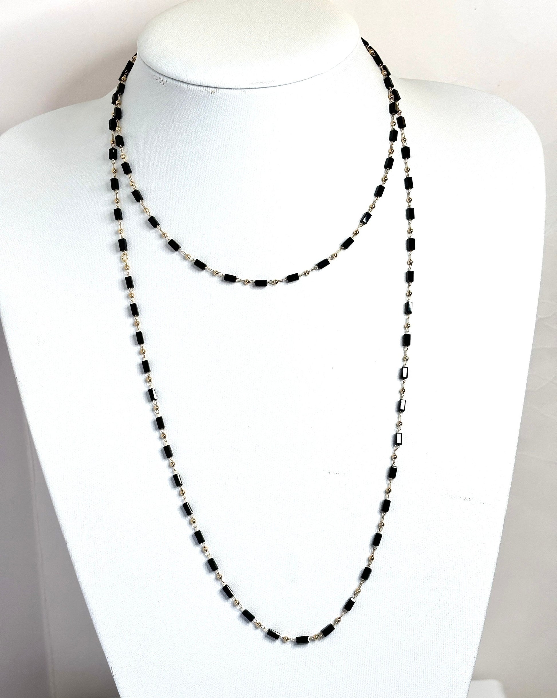 Long Black Beaded Gold Chain Necklace | Gold Tone | 40 Inches | Gold Filled Clasp