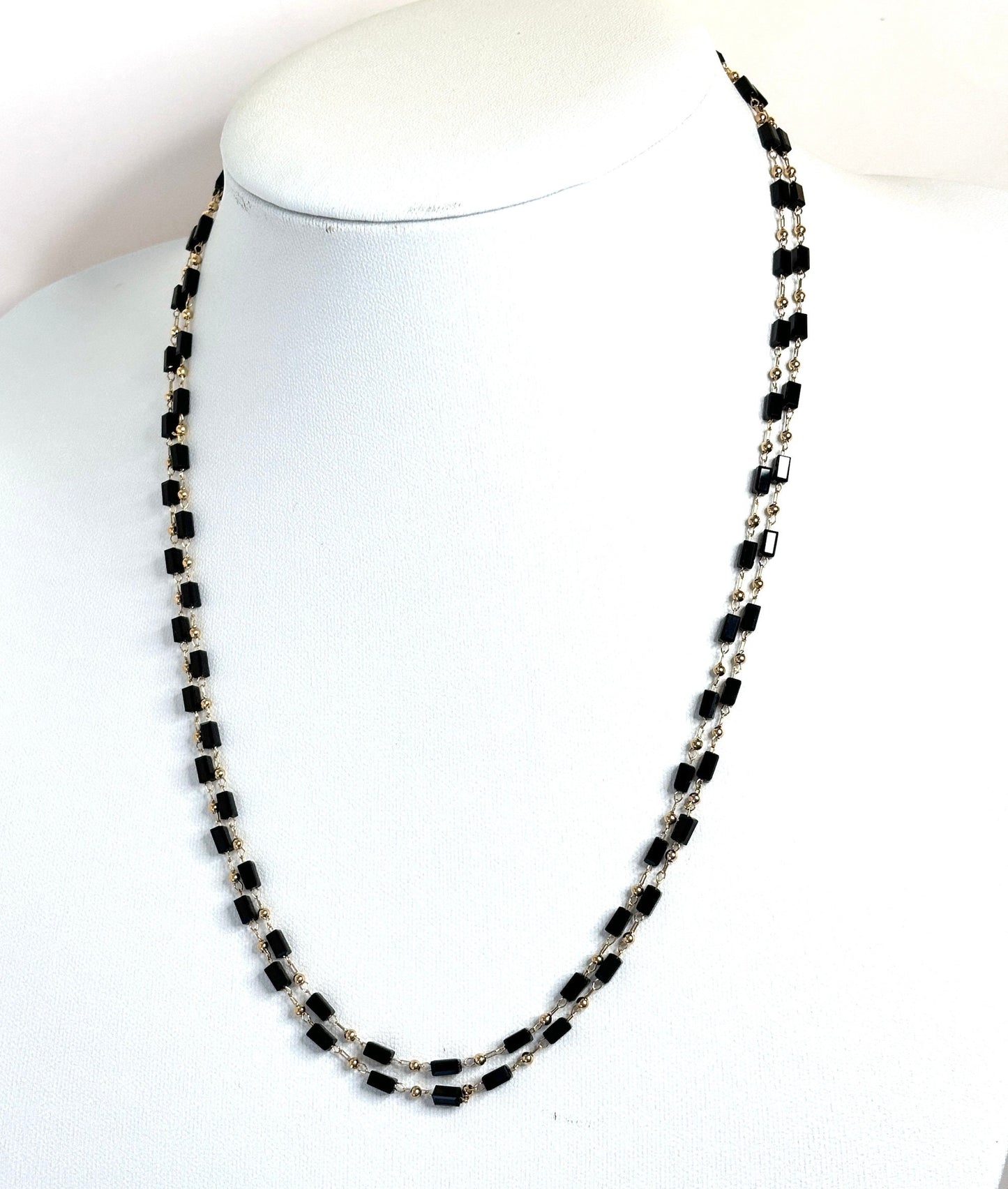 Long Black Beaded Gold Chain Necklace | Gold Tone | 40 Inches | Gold Filled Clasp