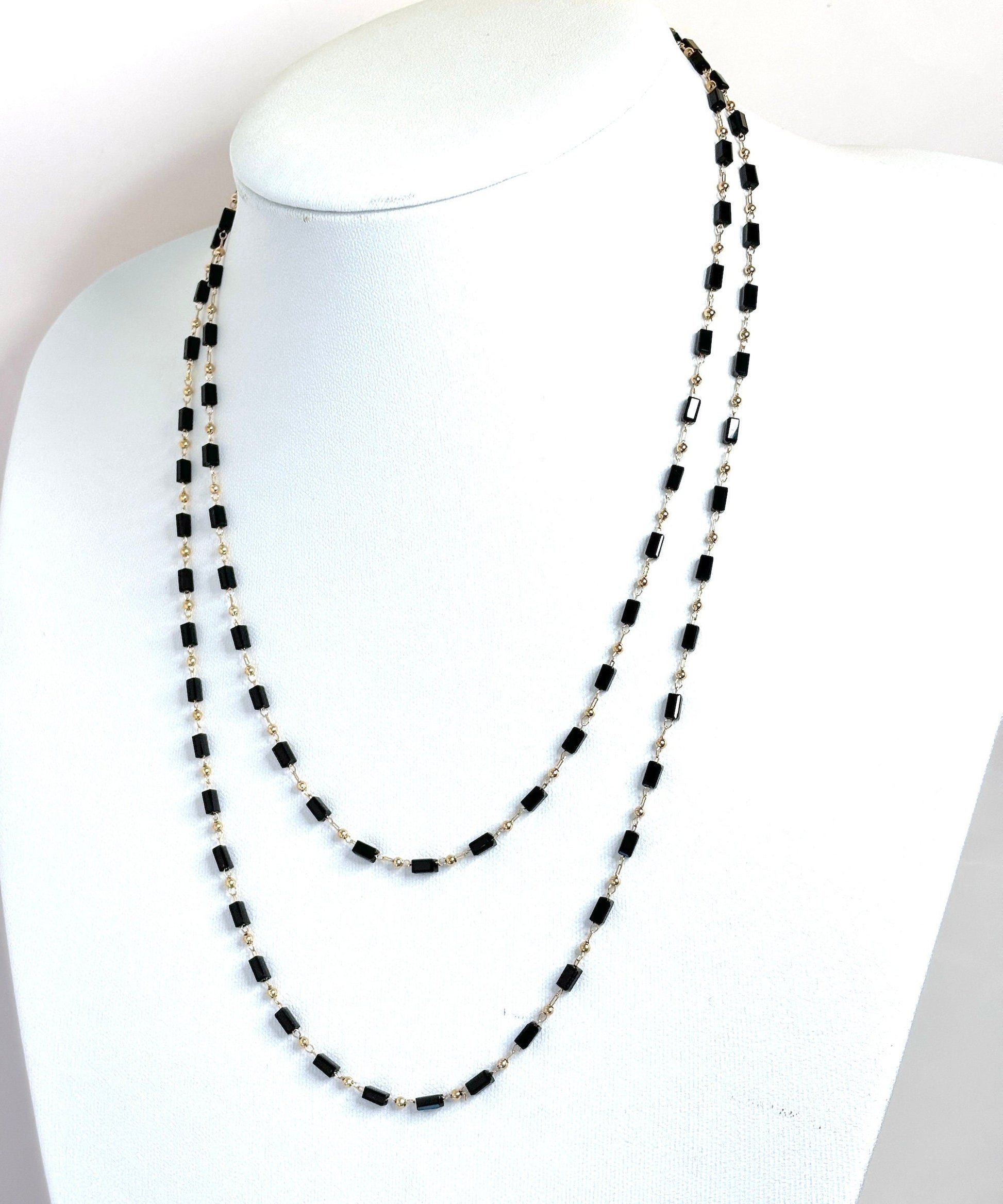 Long Black Beaded Gold Chain Necklace | Gold Tone | 40 Inches | Gold Filled Clasp