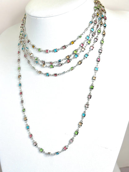 Extra Long Multicolour Crystal Chain Necklace | Silver Tone | No Clasp 