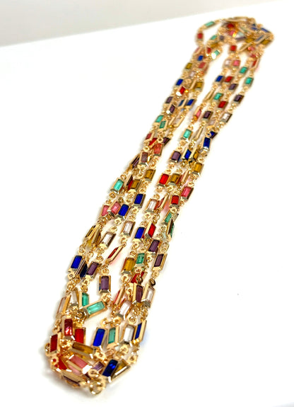 Very Long Multicolour Crystal Chain Necklace | Gold Tone | No Clasp