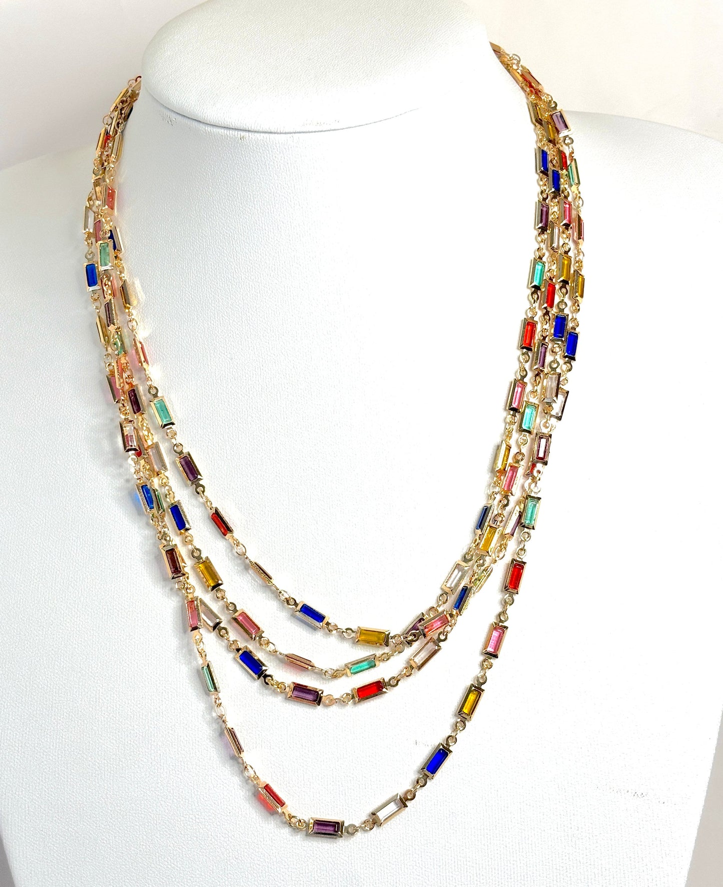 Very Long Multicolour Crystal Chain Necklace | Gold Tone | No Clasp