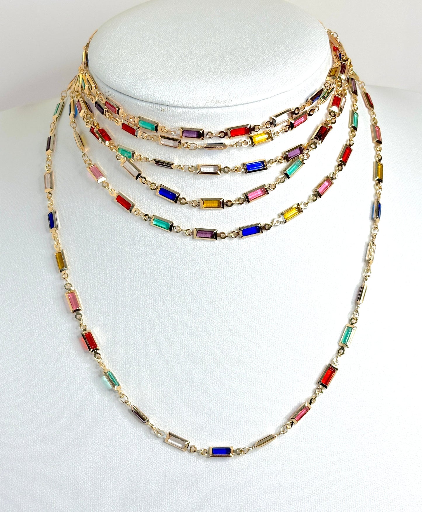 Very Long Multicolour Crystal Chain Necklace | Gold Tone | No Clasp