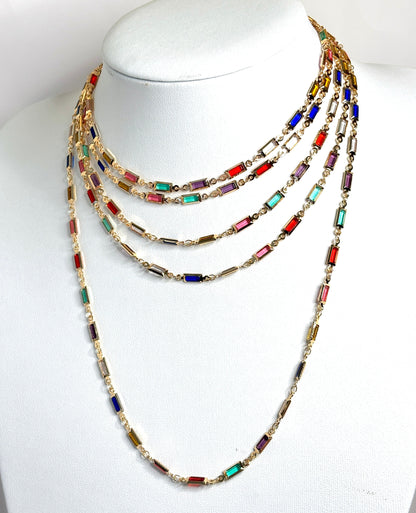 Very Long Multicolour Crystal Chain Necklace | Gold Tone | No Clasp