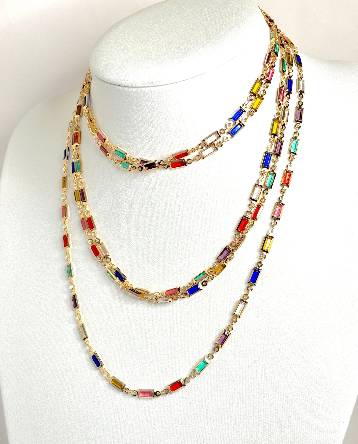 Very Long Multicolour Crystal Chain Necklace | Gold Tone | No Clasp