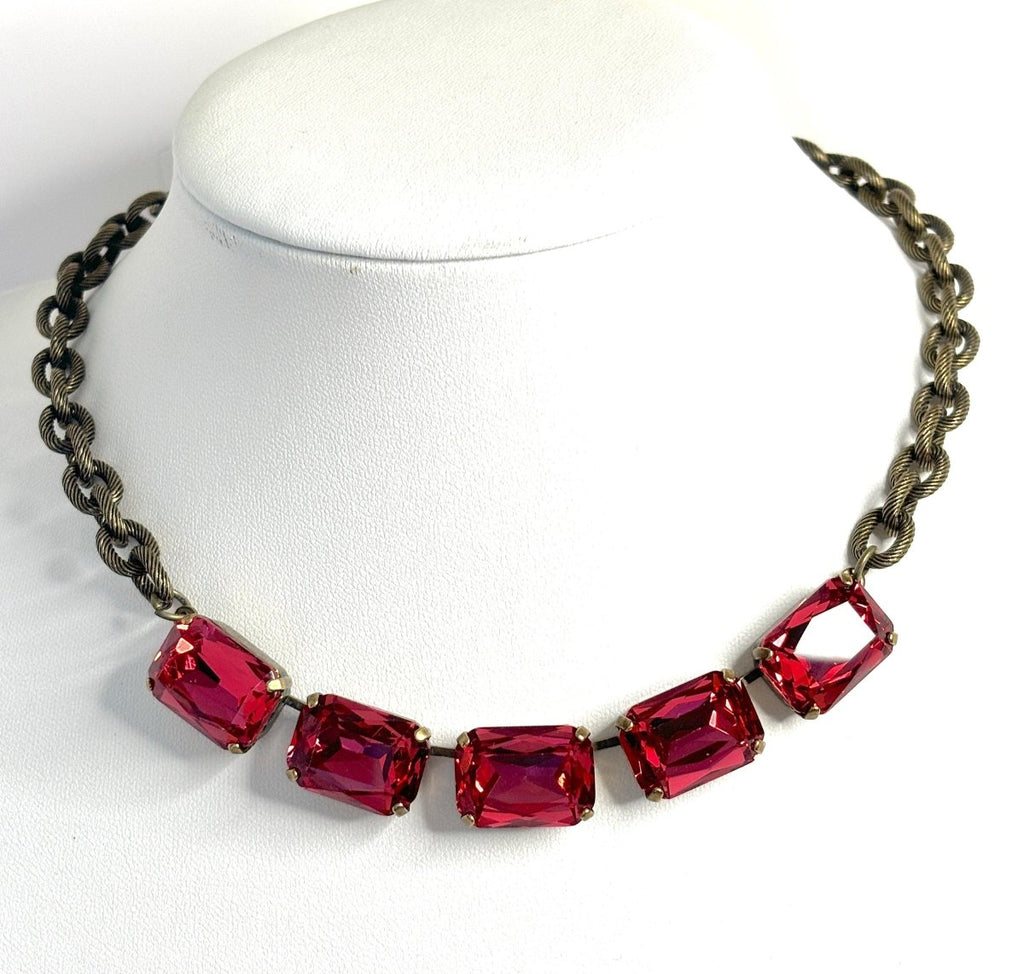 Chunky Red Siam Crystal Chain Necklace | Antique Brass Large Link Choker 