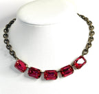 Chunky Red Siam Crystal Chain Necklace | Antique Brass Large Link Choker 