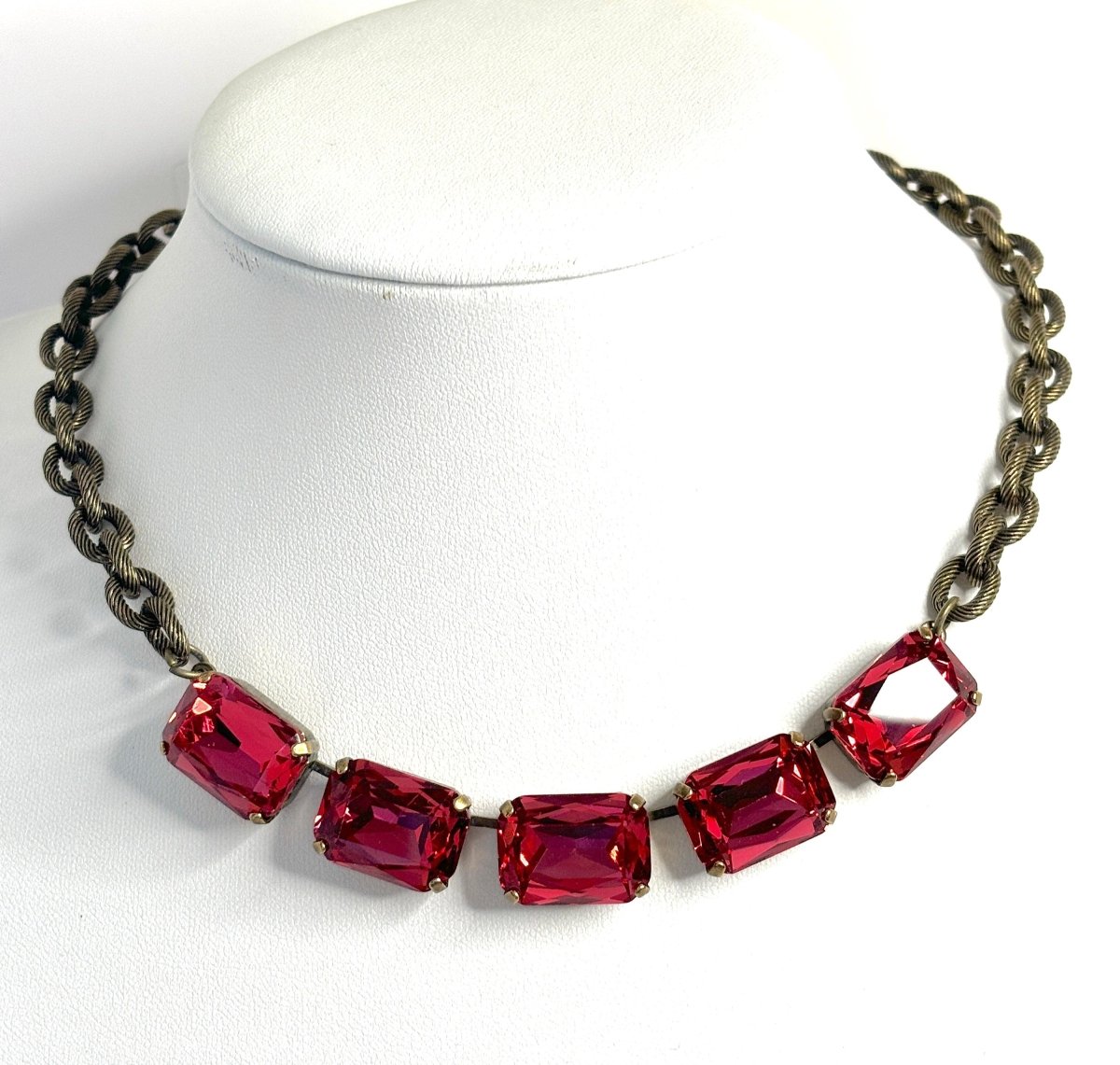 Chunky Red Siam Crystal Chain Necklace | Antique Brass Large Link Choker 