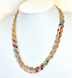 Extra Long Multicolour Oval Crystal Chain Necklace - Gold Tone