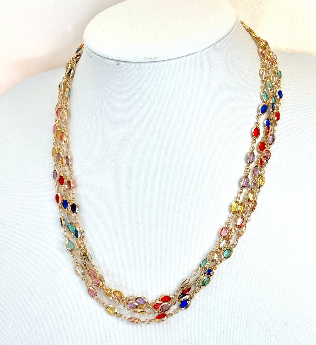 Extra Long Multicolour Oval Crystal Chain Necklace - Gold Tone