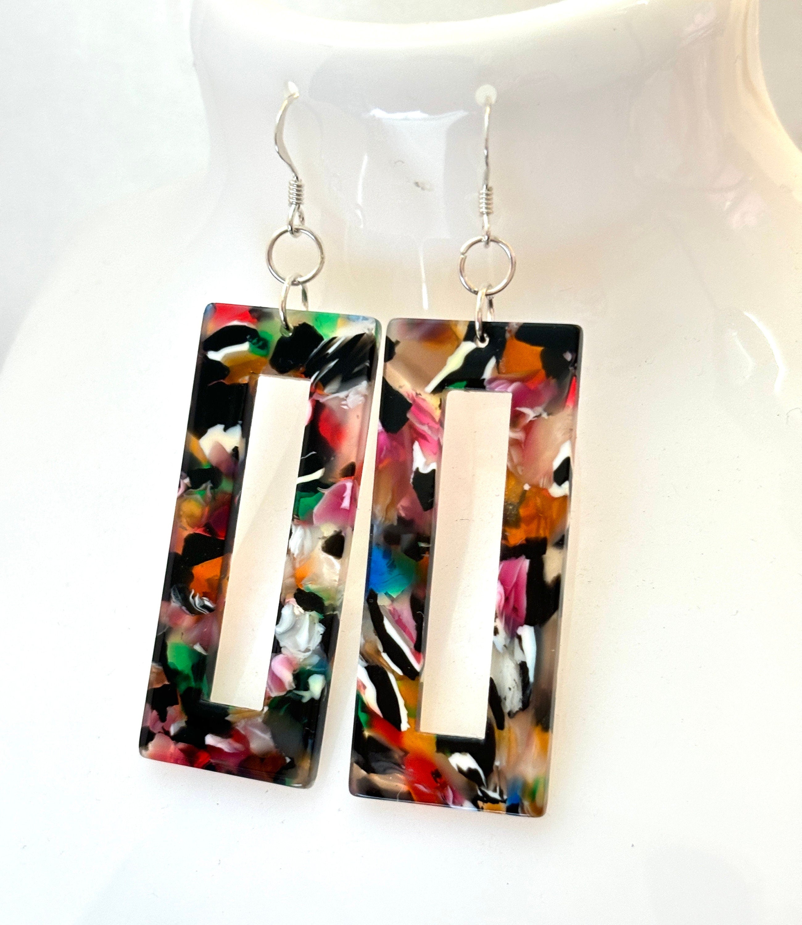 Multicolour Tortoise Shell Earrings, Acrylic Rectangle Drops, Geometric Resin Earrings, Modern Jewellery, Earrings for women, Gift for Her