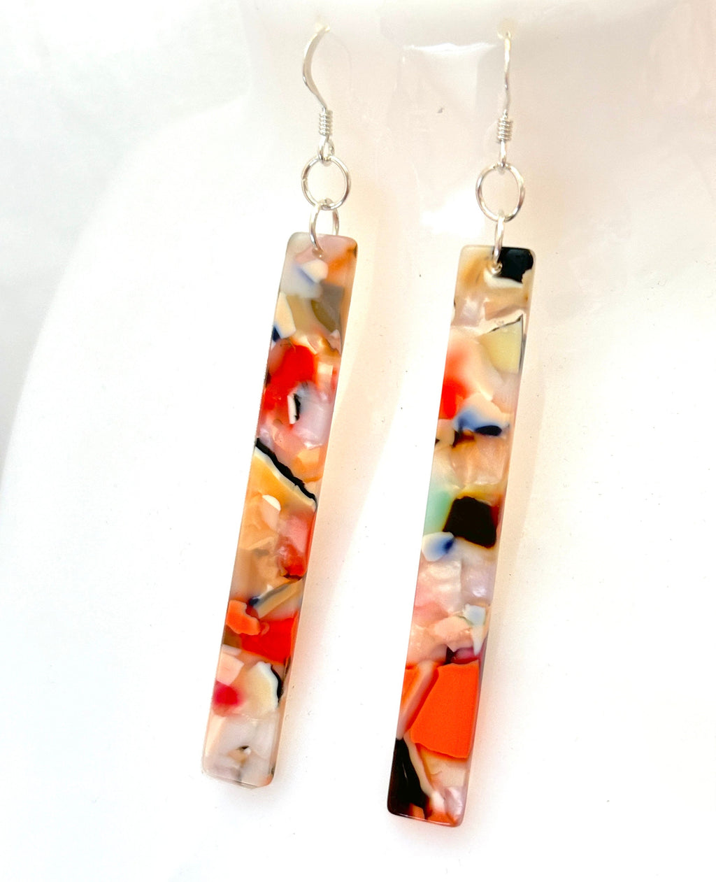 Multicolour Tortoise Shell Bar Earrings, Acrylic Long Thin Drops