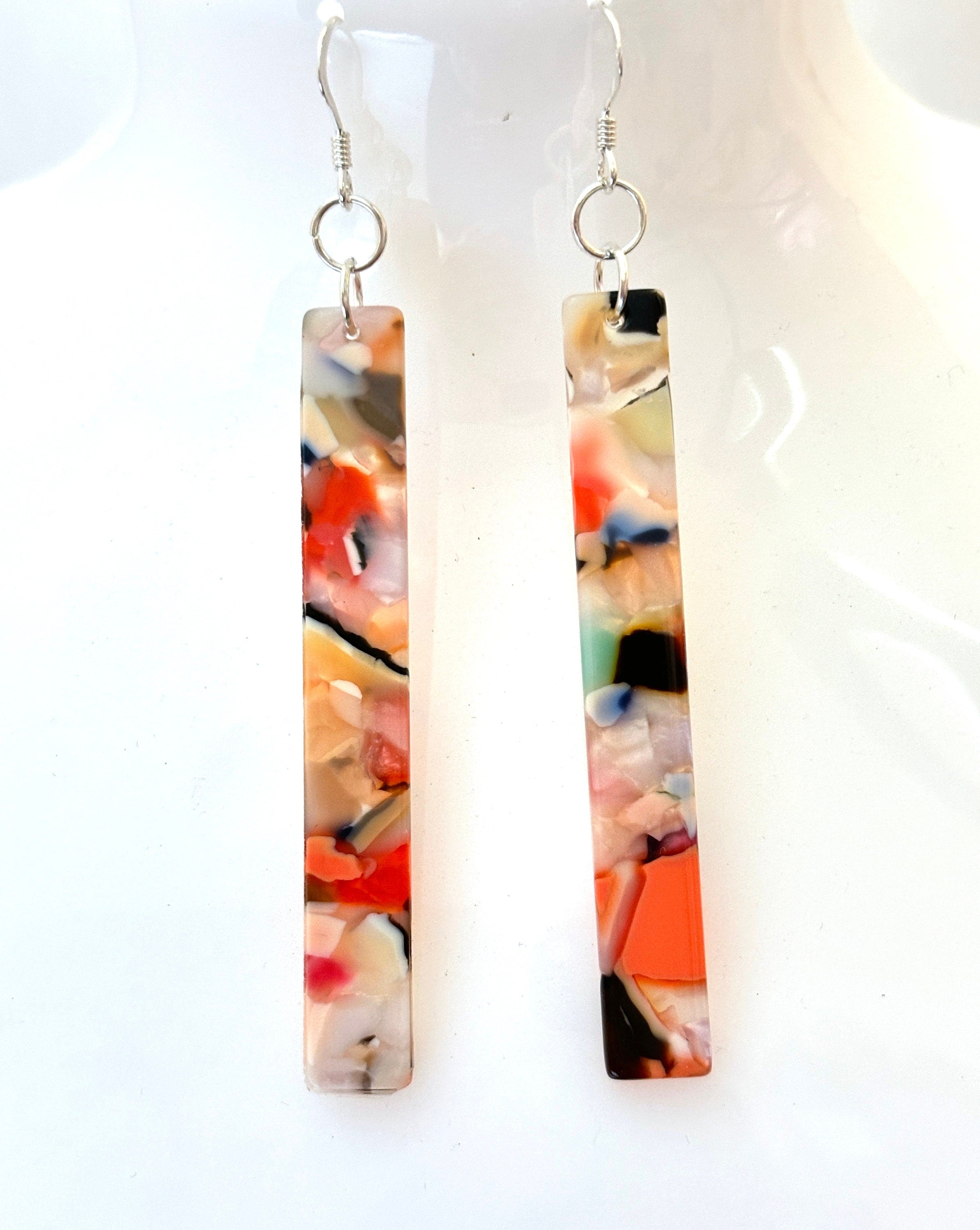Multicolour Tortoise Shell Bar Earrings, Acrylic Long Thin Drops