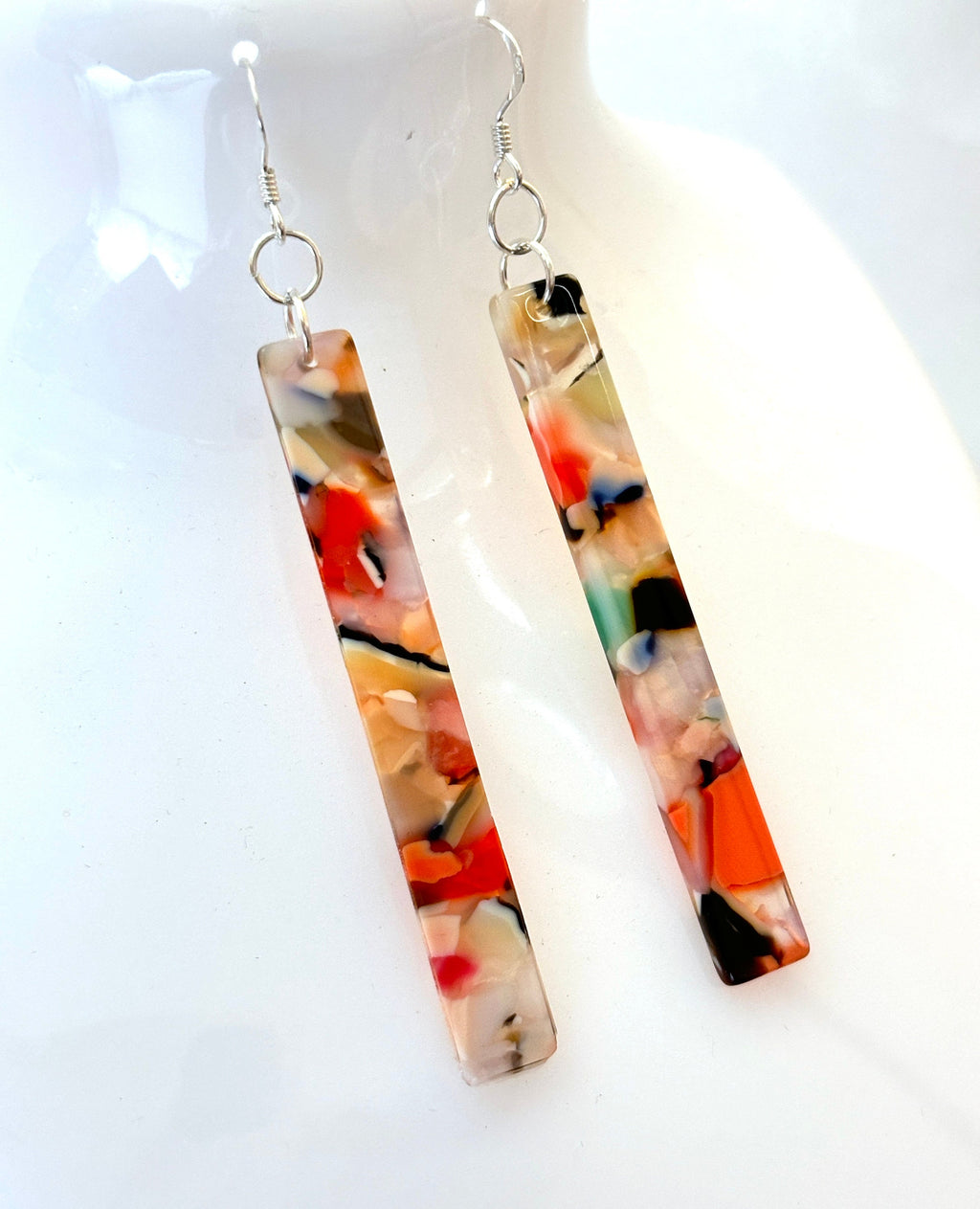Multicolour Tortoise Shell Bar Earrings, Acrylic Long Thin Drops