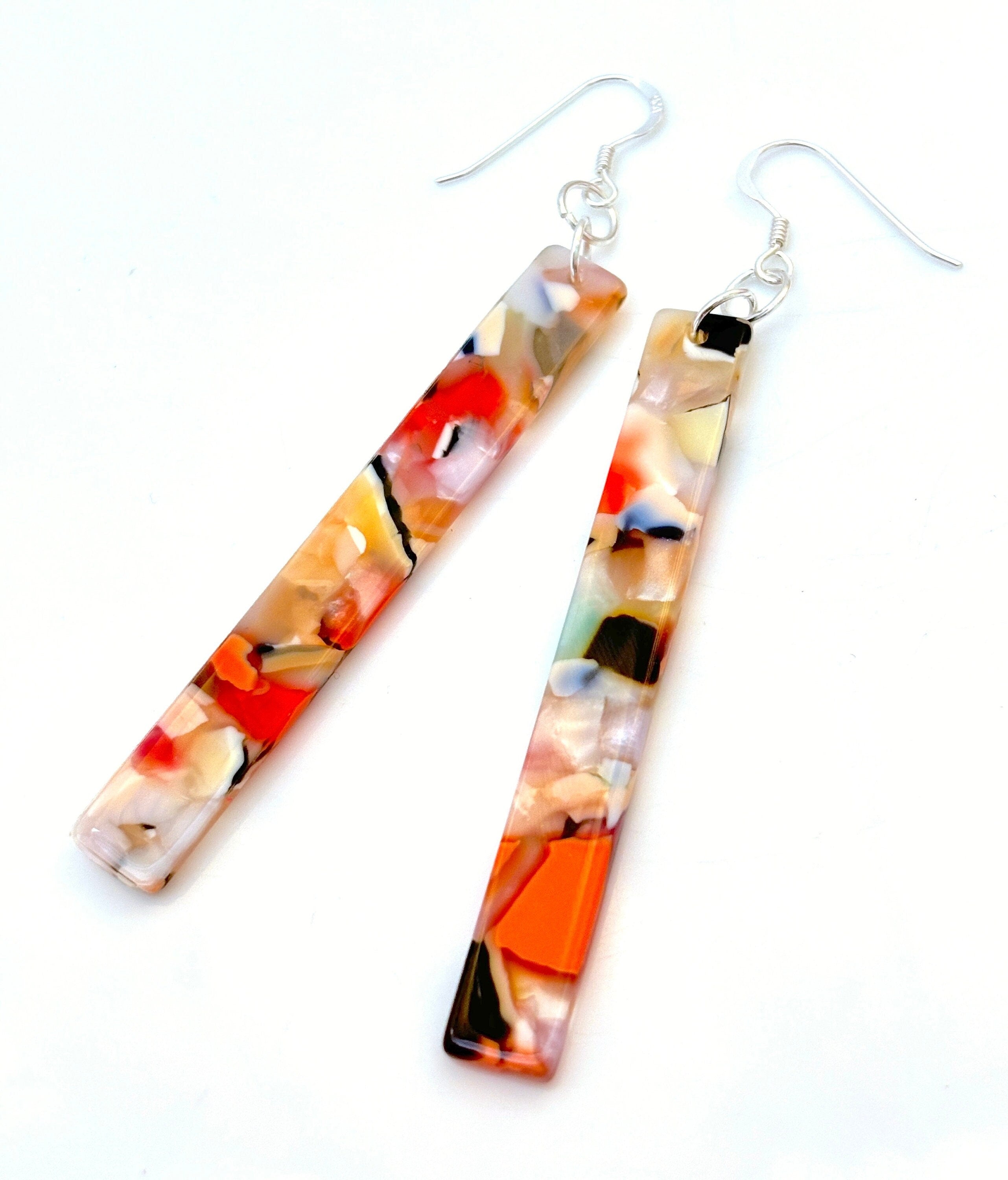 Multicolour Tortoise Shell Bar Earrings, Acrylic Long Thin Drops