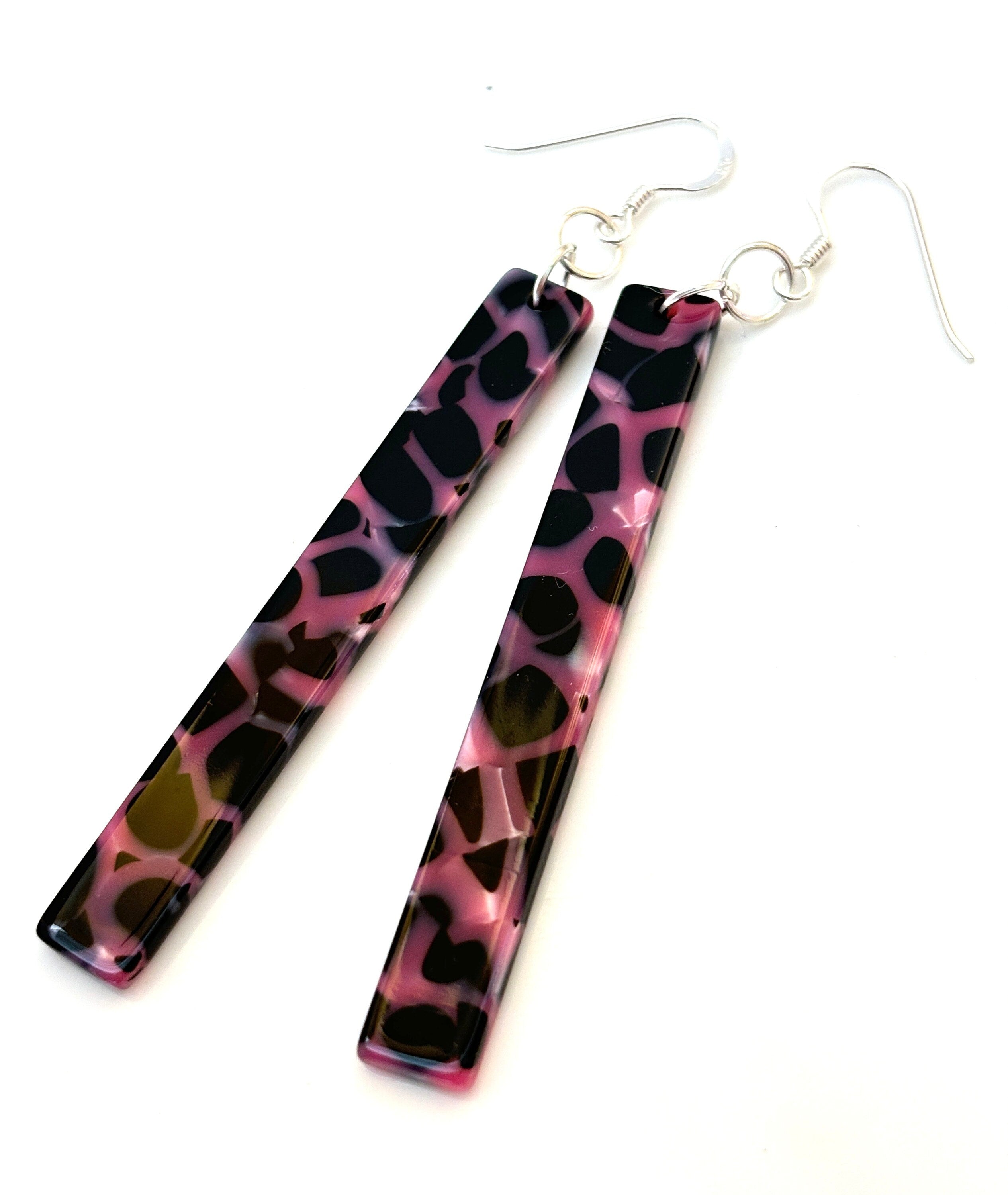 Pink & Black Tortoise Shell Acrylic Earrings: Sterling Silver Drops
