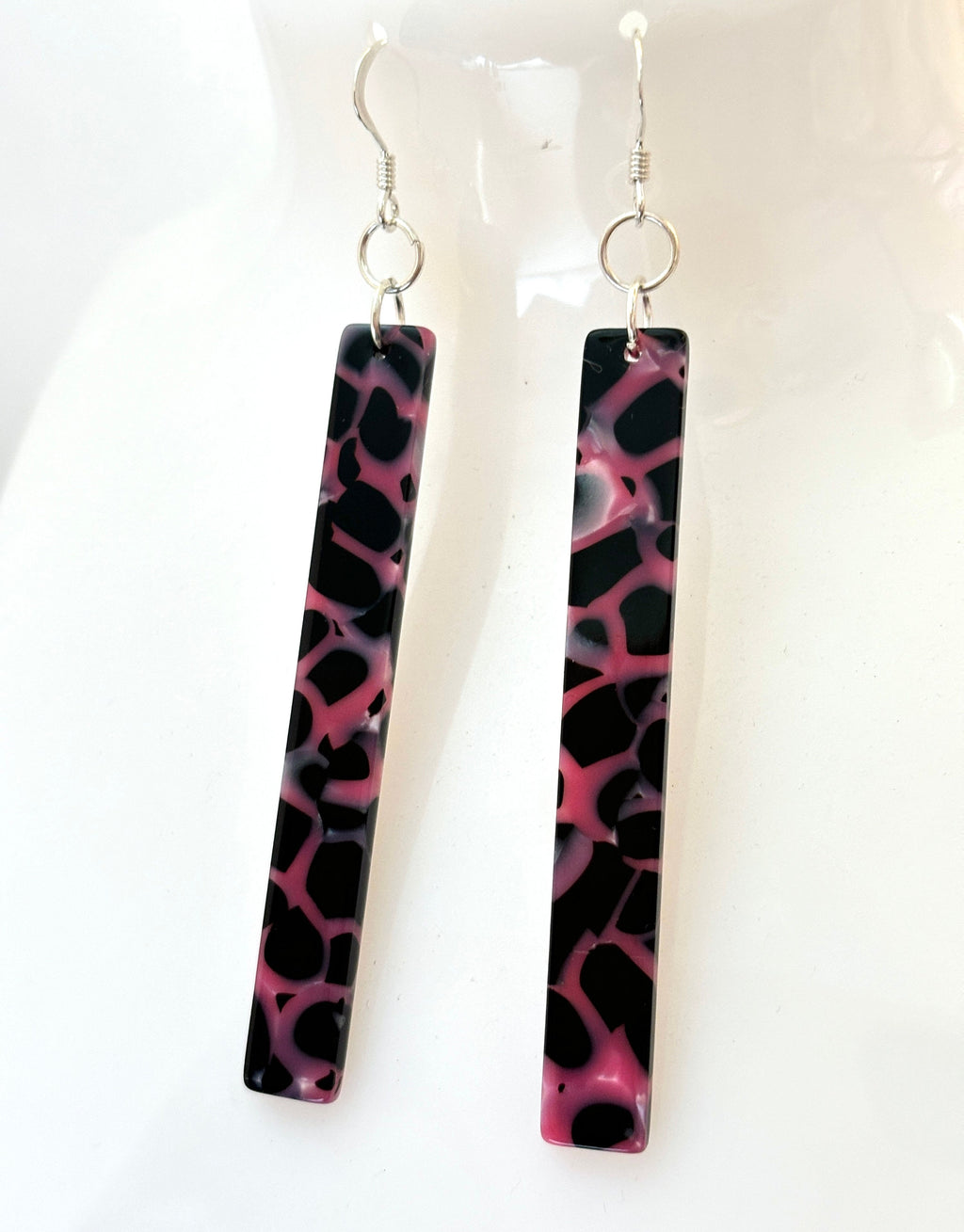 Pink & Black Tortoise Shell Acrylic Earrings: Sterling Silver Drops