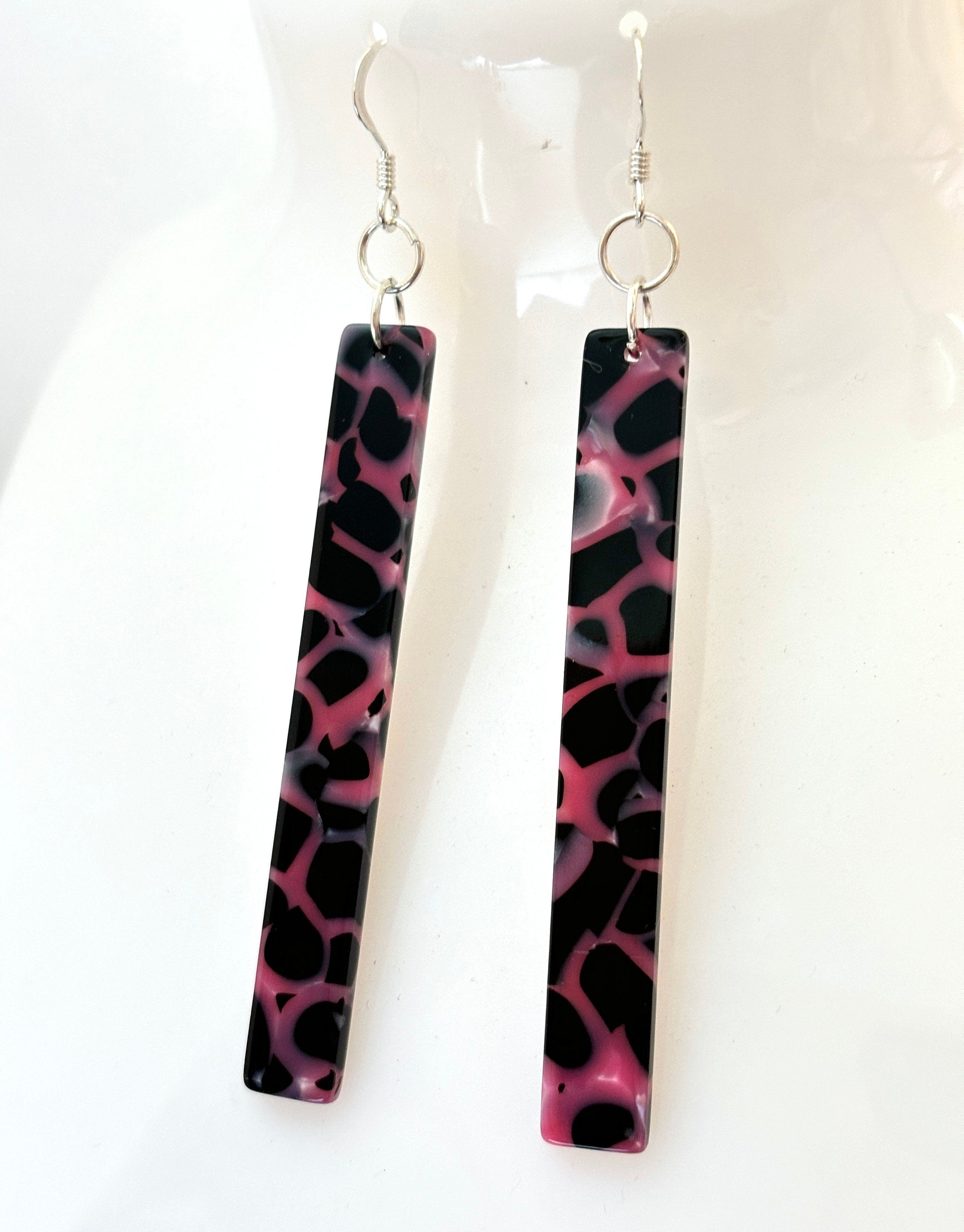 Pink & Black Tortoise Shell Acrylic Earrings: Sterling Silver Drops