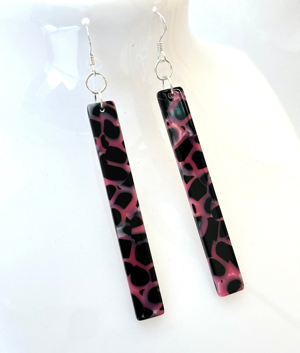 Pink & Black Tortoise Shell Acrylic Earrings: Sterling Silver Drops