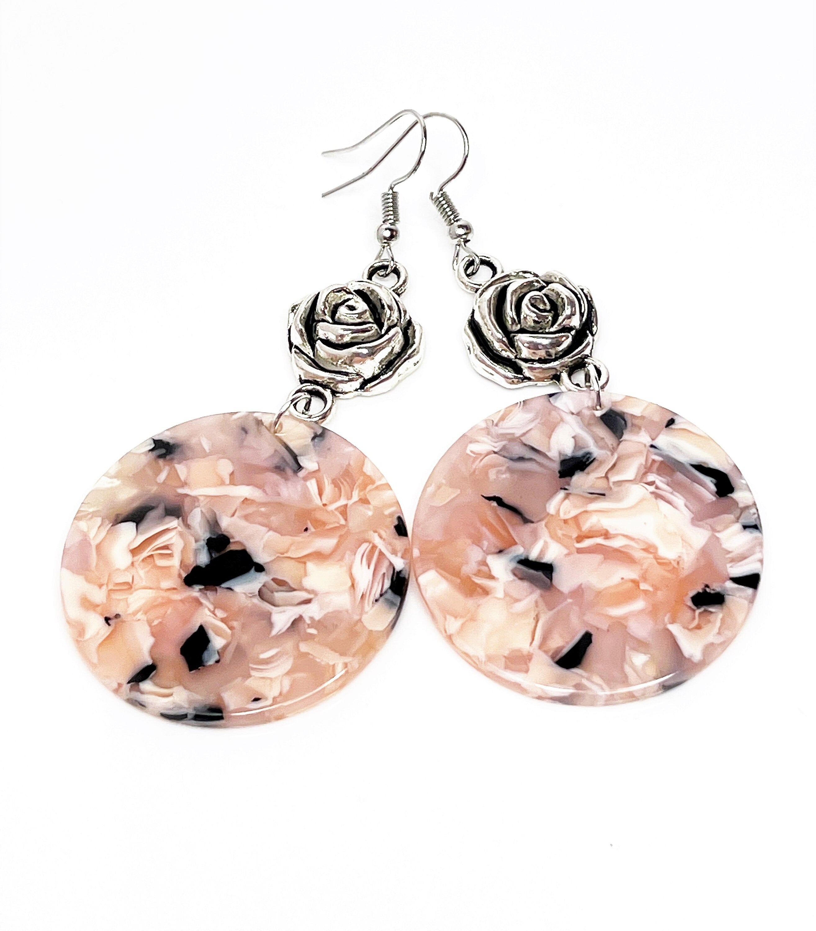 Tortoise Shell Acrylic Earrings: Sterling Silver Rose, Modern Statement Drops
