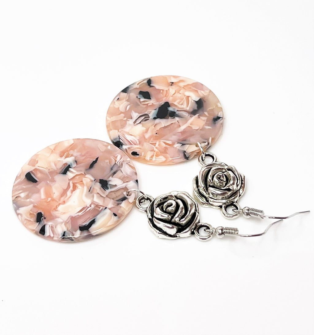 Tortoise Shell Acrylic Earrings: Sterling Silver Rose, Modern Statement Drops