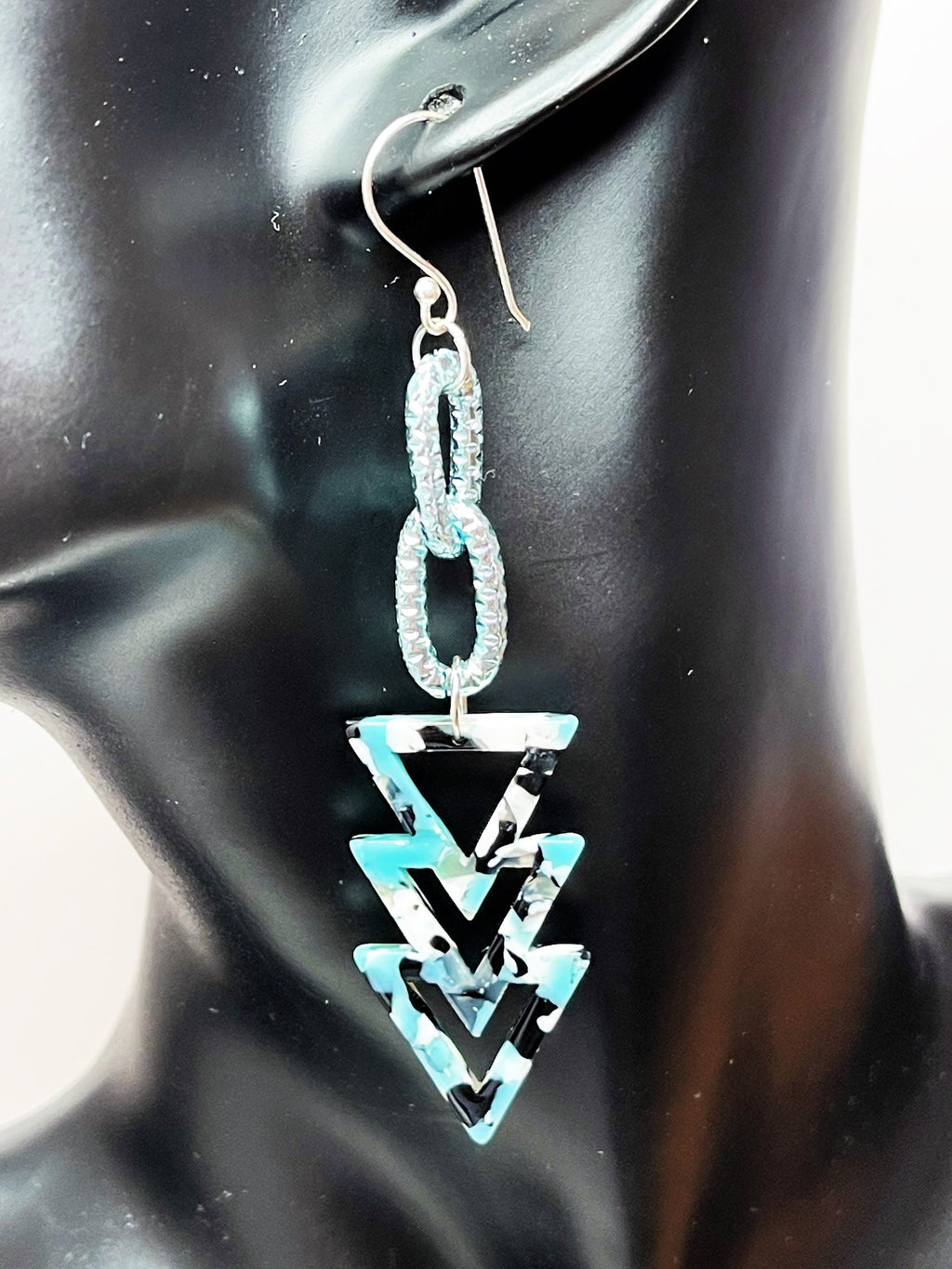 Blue Geometric Tortoise Shell Earrings, Sterling Silver Acrylic Drops,