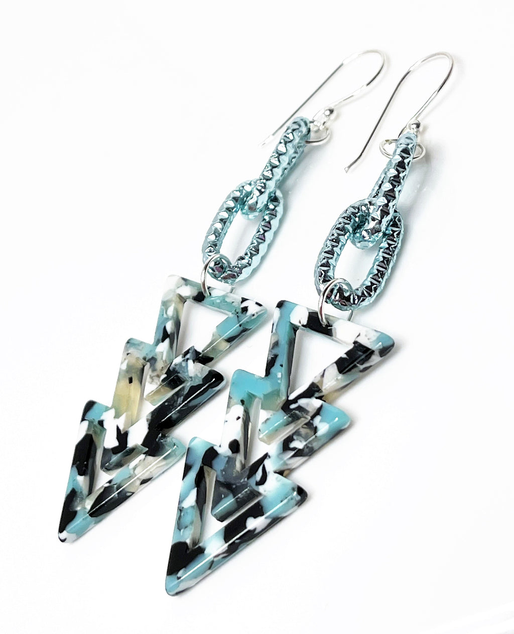 Blue Geometric Tortoise Shell Earrings, Sterling Silver Acrylic Drops,