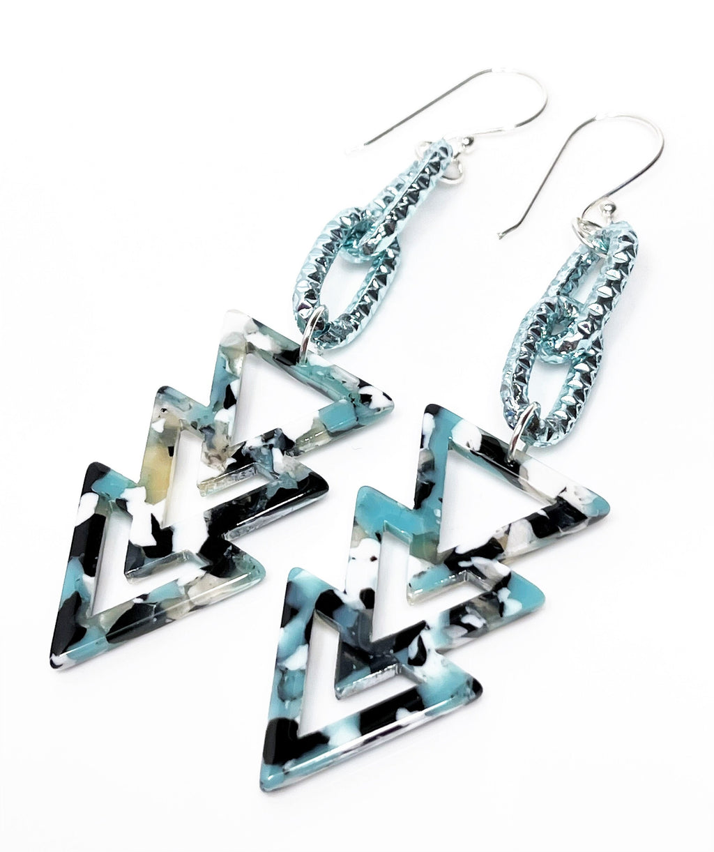 Blue Geometric Tortoise Shell Earrings, Sterling Silver Acrylic Drops,