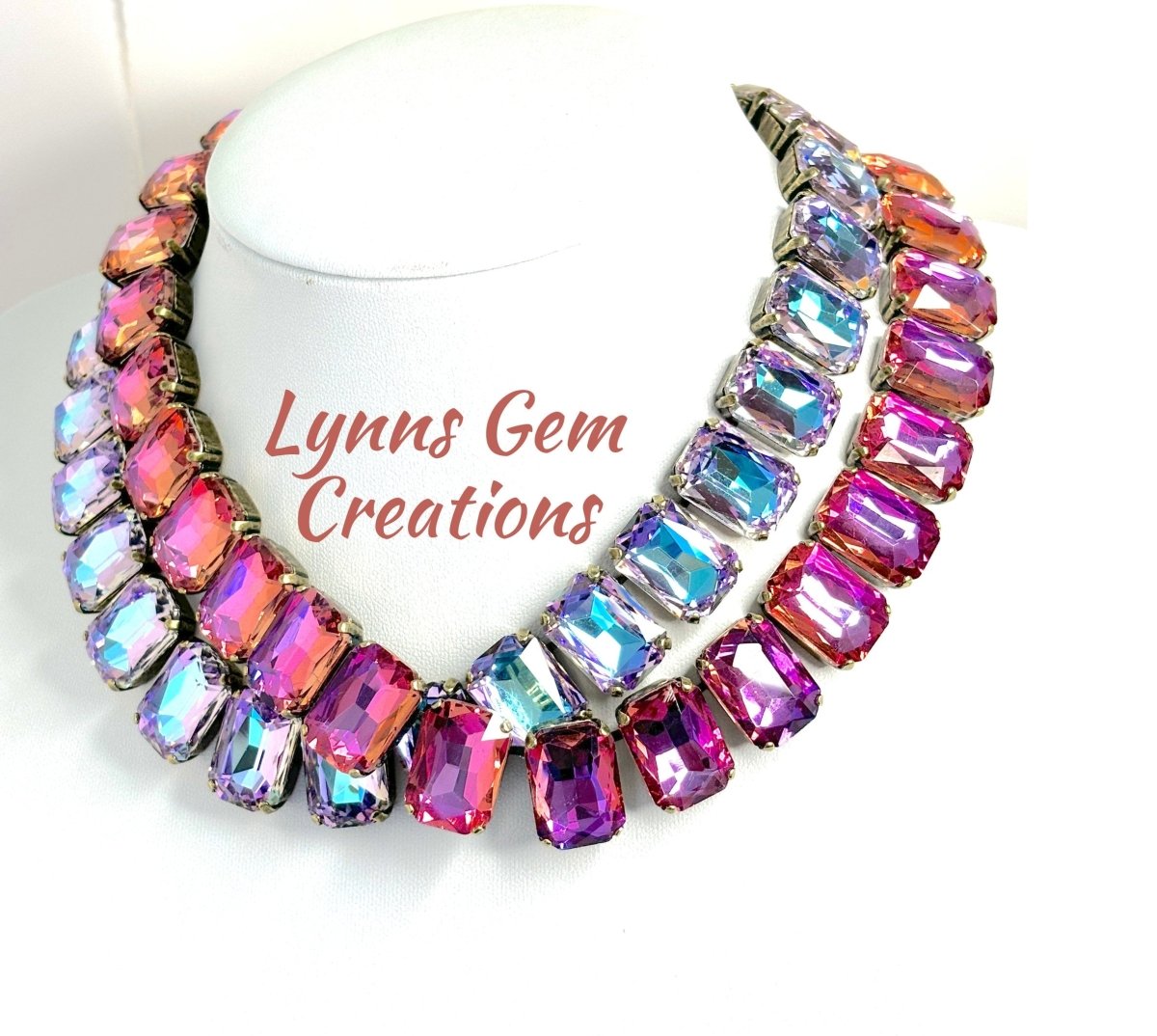 Pink Peach Blue Rainbow Georgian Collet Necklaces | Crystal Chokers | Anna Wintour Style