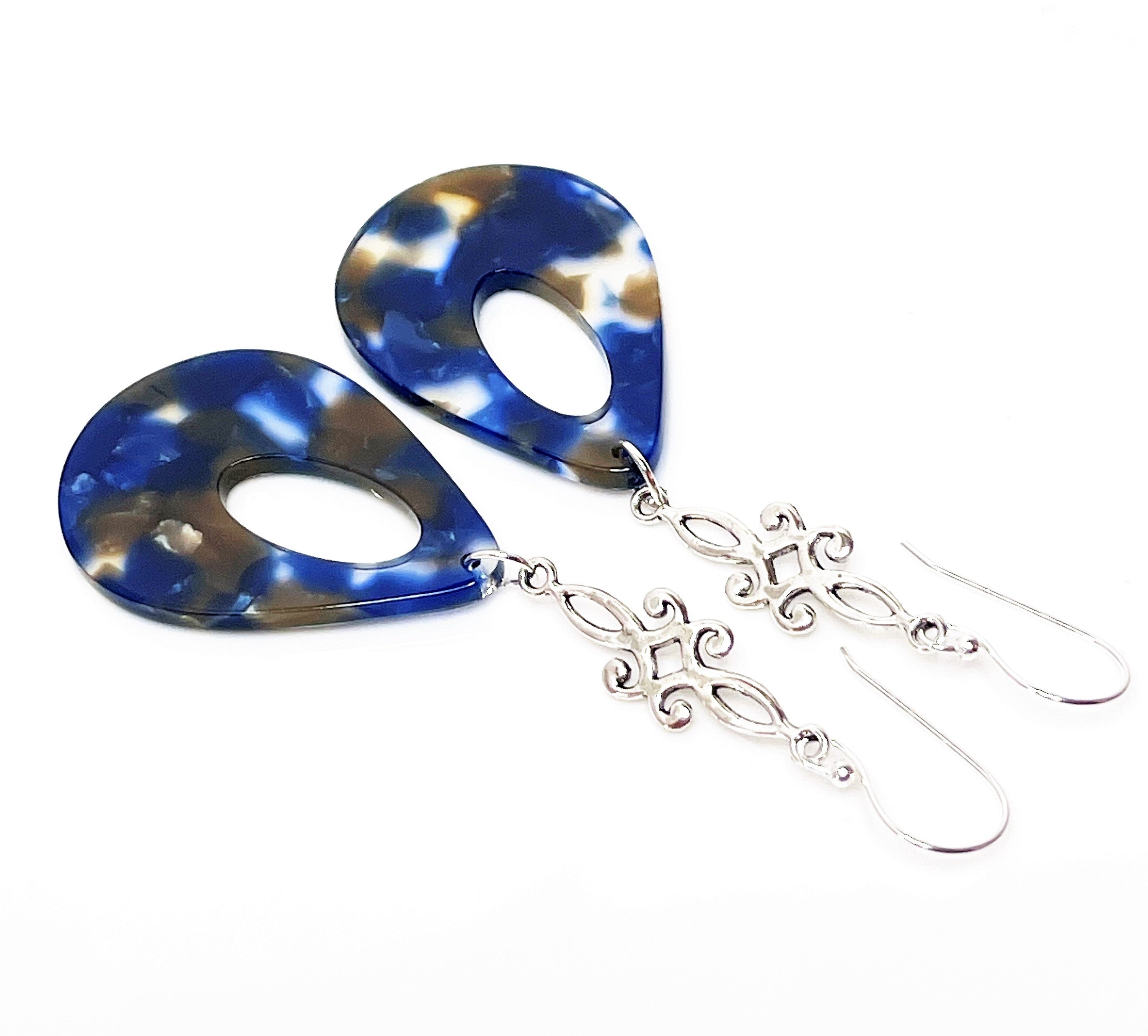 Blue Teardrop Tortoise Shell Earrings, Silver Acrylic Drops,