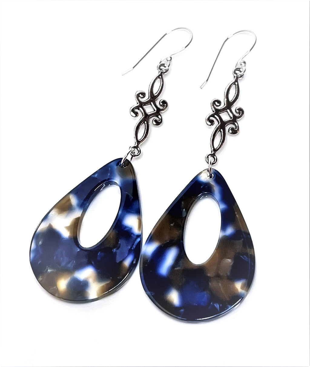 Blue Teardrop Tortoise Shell Earrings, Silver Acrylic Drops,
