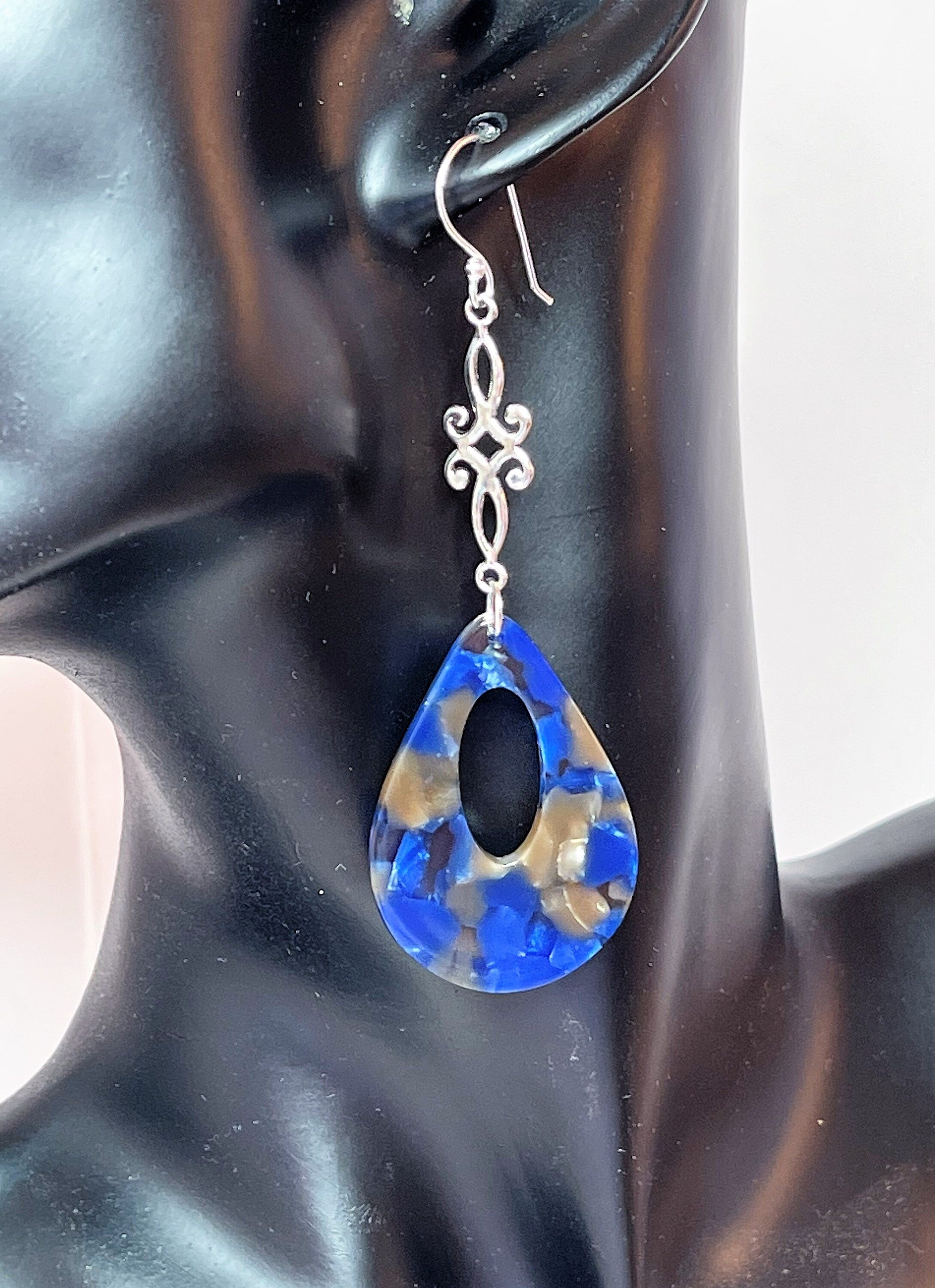 Blue Teardrop Tortoise Shell Earrings, Silver Acrylic Drops,