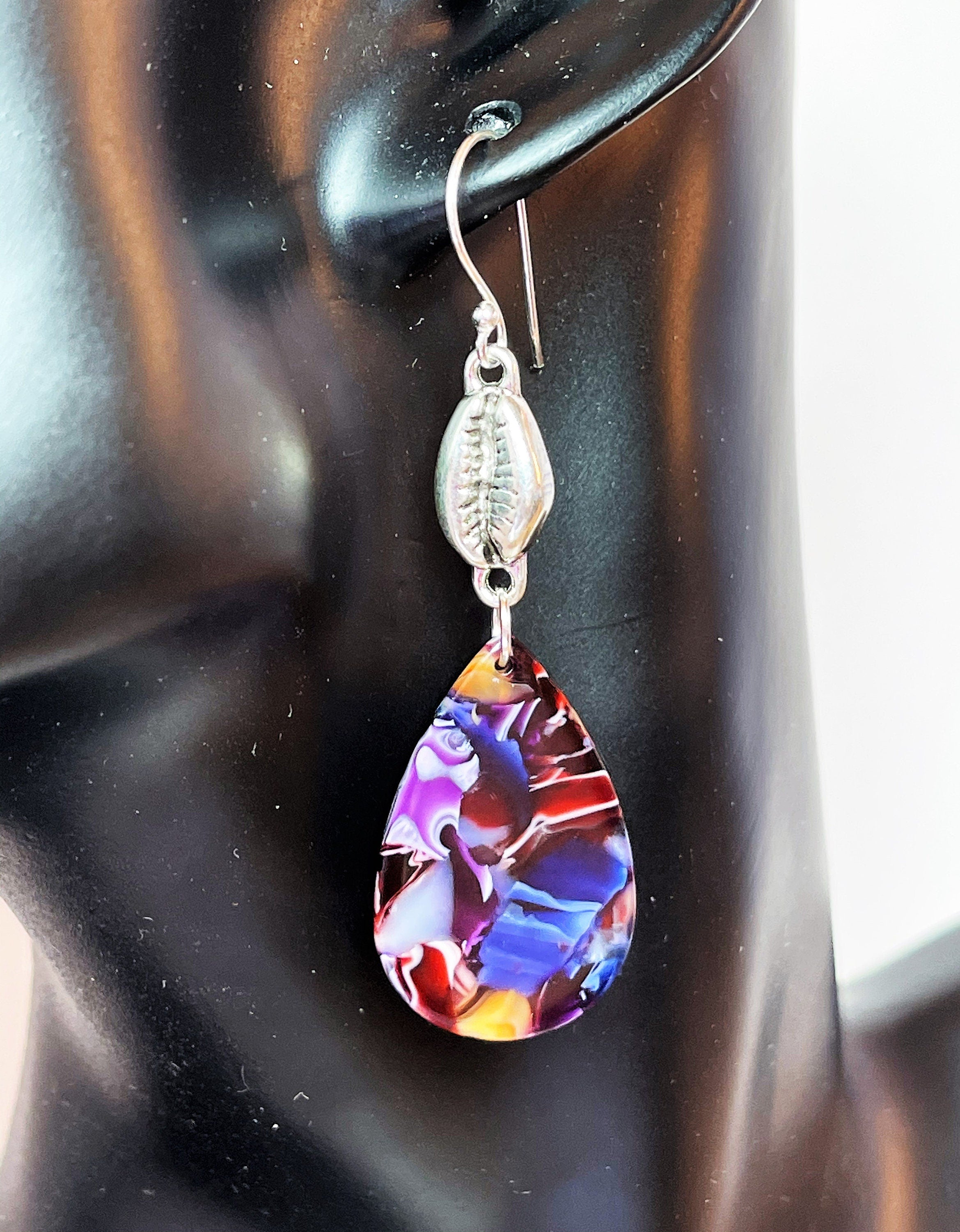 Multicolour Teardrop Tortoise Shell Earrings, Cowrie Shell Drops,