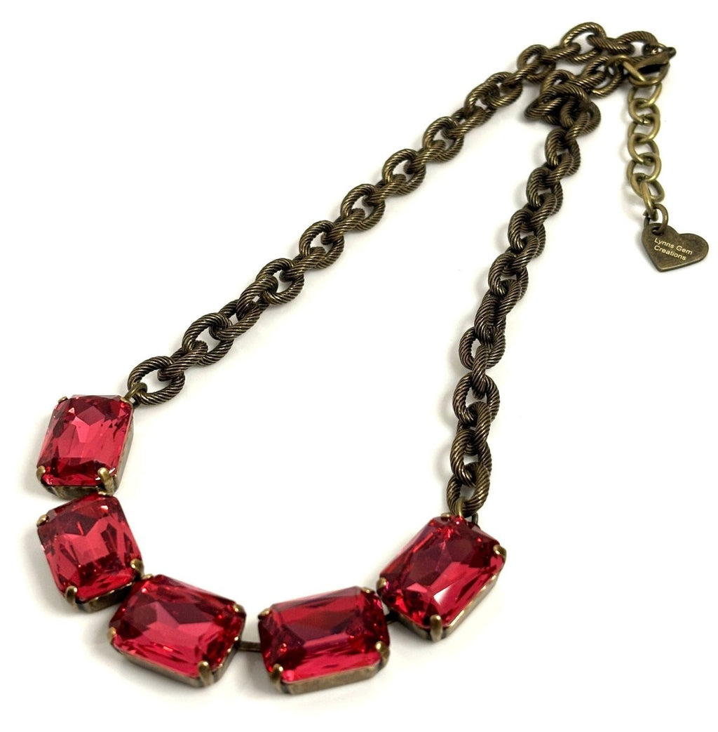 Chunky Red Siam Crystal Chain Necklace | Antique Brass Large Link Choker 