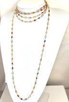 Extra Long Multicolour Oval Crystal Chain Necklace - Gold Tone