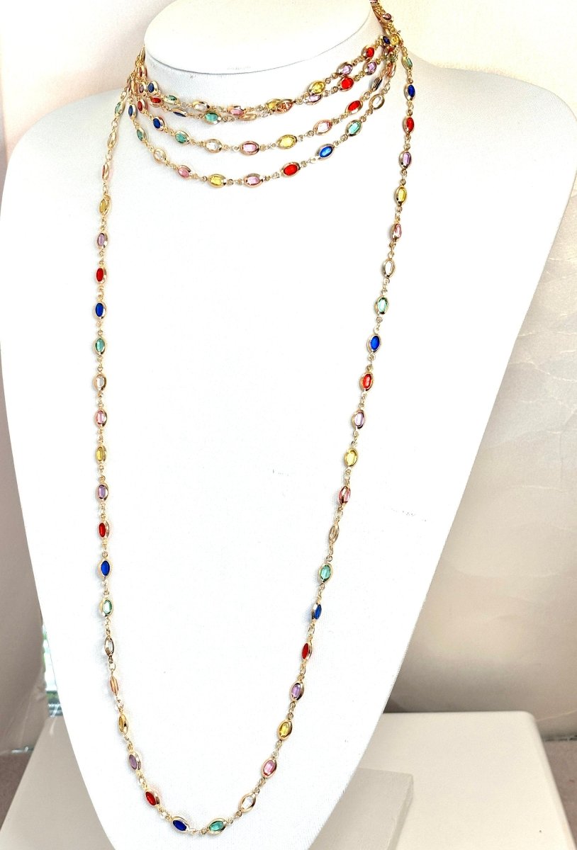 Extra Long Multicolour Oval Crystal Chain Necklace - Gold Tone