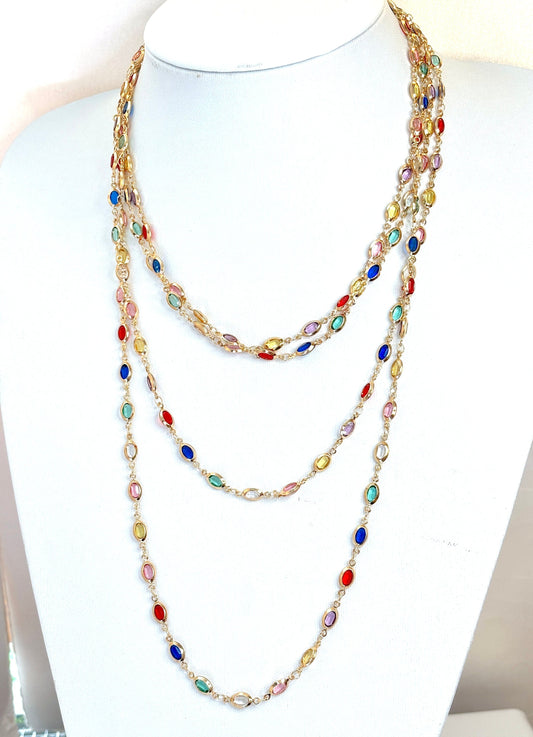 Extra Long Multicolour Oval Crystal Chain Necklace - Gold Tone