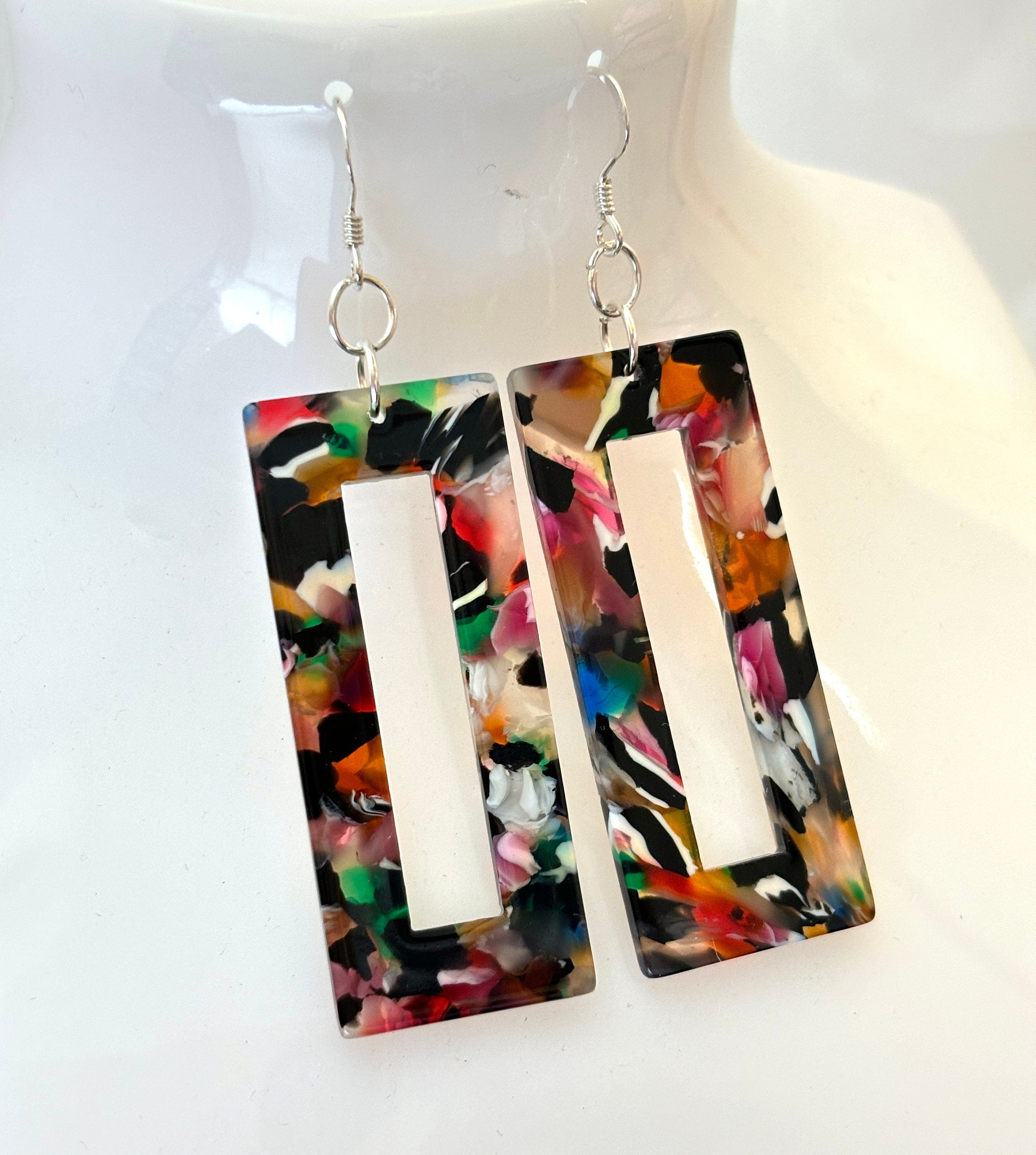 Multicolour Tortoise Shell Earrings, Acrylic Rectangle Drops, Geometric Resin Earrings, Modern Jewellery, Earrings for women, Gift for Her