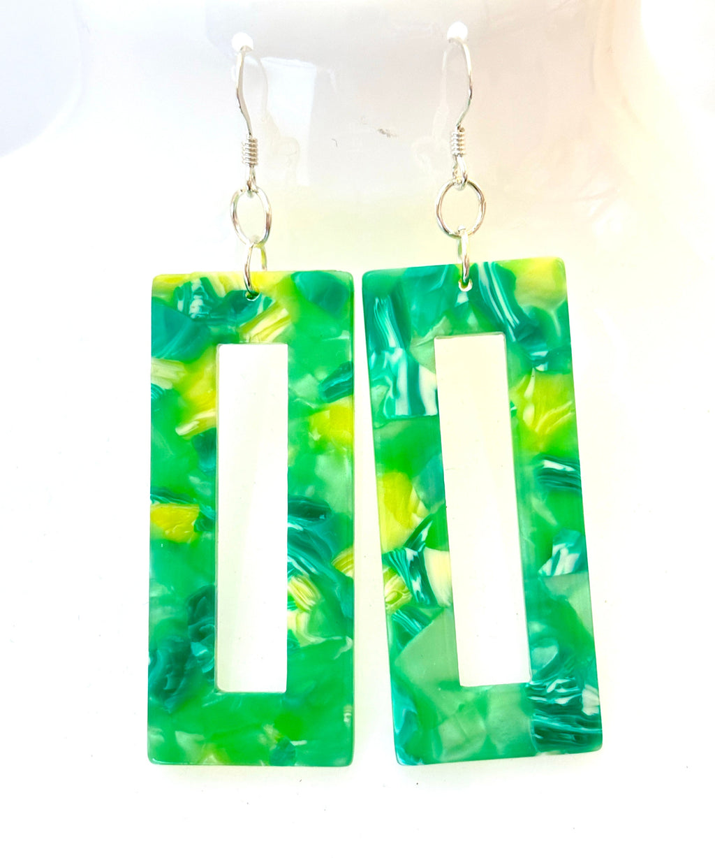 Green Tortoise Shell Dangle Earrings, Acrylic Rectangle Drops, Geometric Resin Earrings, Modern Jewellery, Earrings for women, Gift for Her
