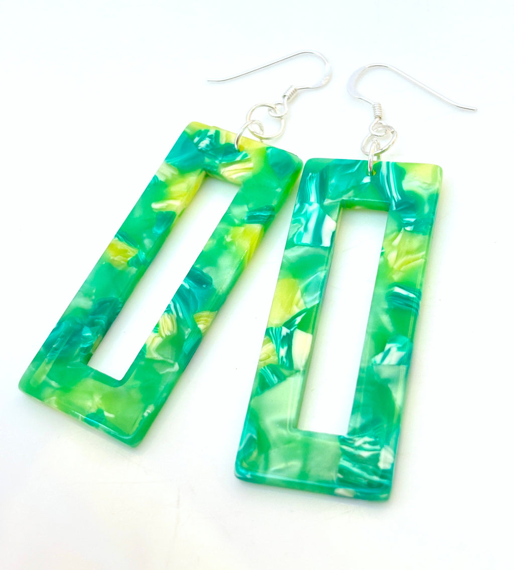 Green Tortoise Shell Dangle Earrings, Acrylic Rectangle Drops, Geometric Resin Earrings, Modern Jewellery, Earrings for women, Gift for Her
