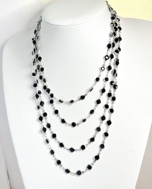 Extra Long Black Round CZ Crystal Chain Necklace - Silver Tone - No Clasp - 78 Inch Length