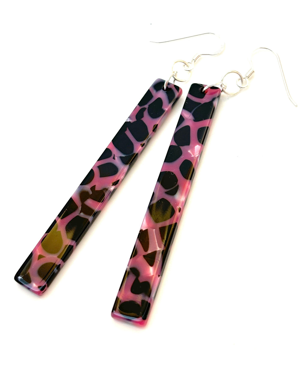 Pink & Black Tortoise Shell Acrylic Earrings: Sterling Silver Drops