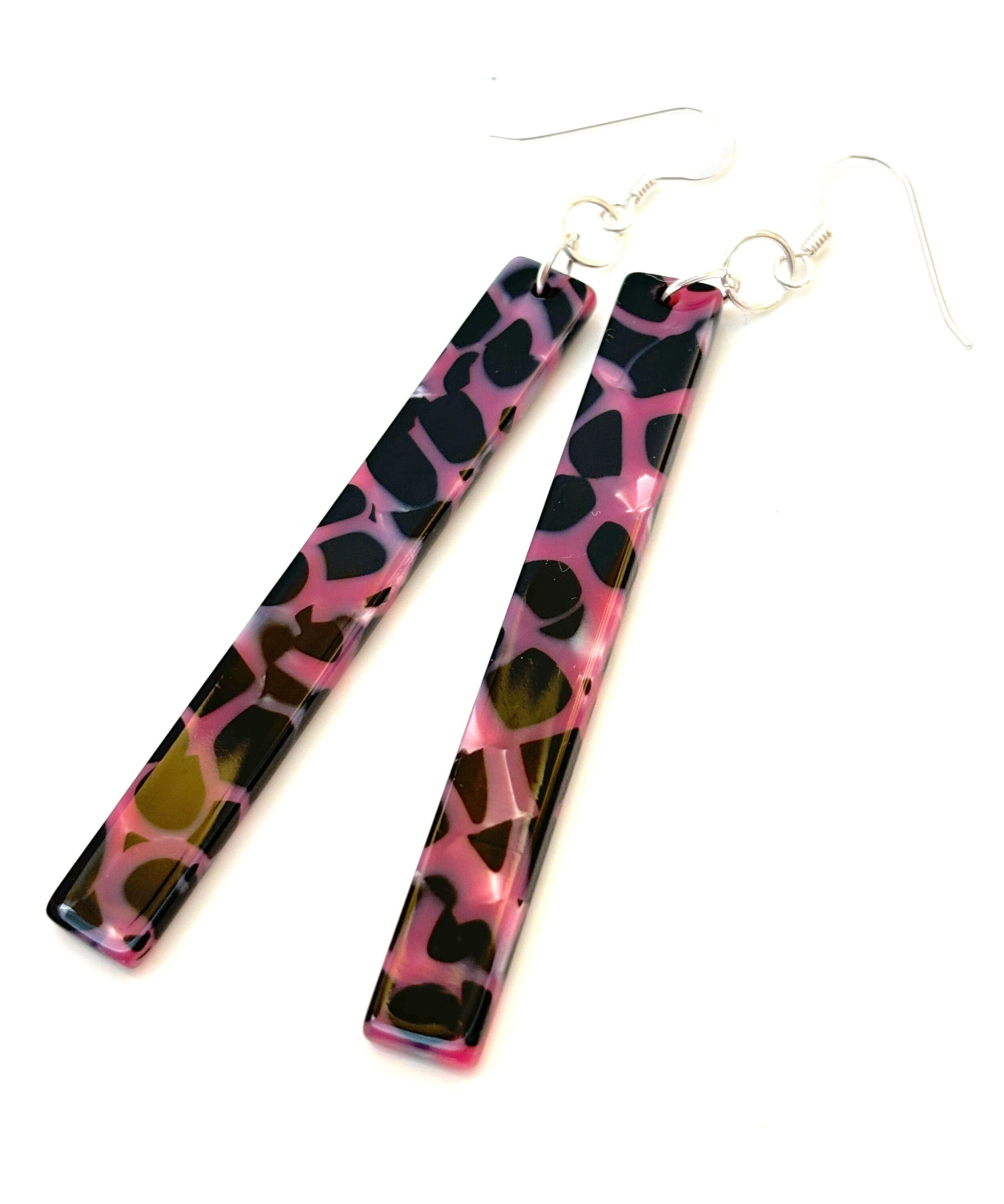 Pink & Black Tortoise Shell Acrylic Earrings: Sterling Silver Drops