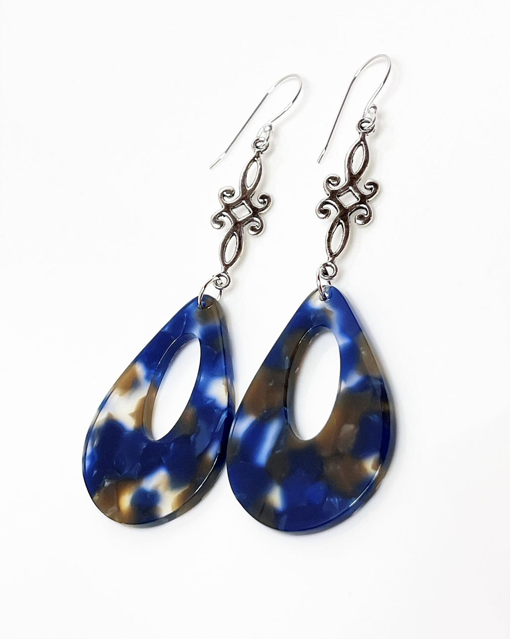Blue Teardrop Tortoise Shell Earrings, Silver Acrylic Drops,