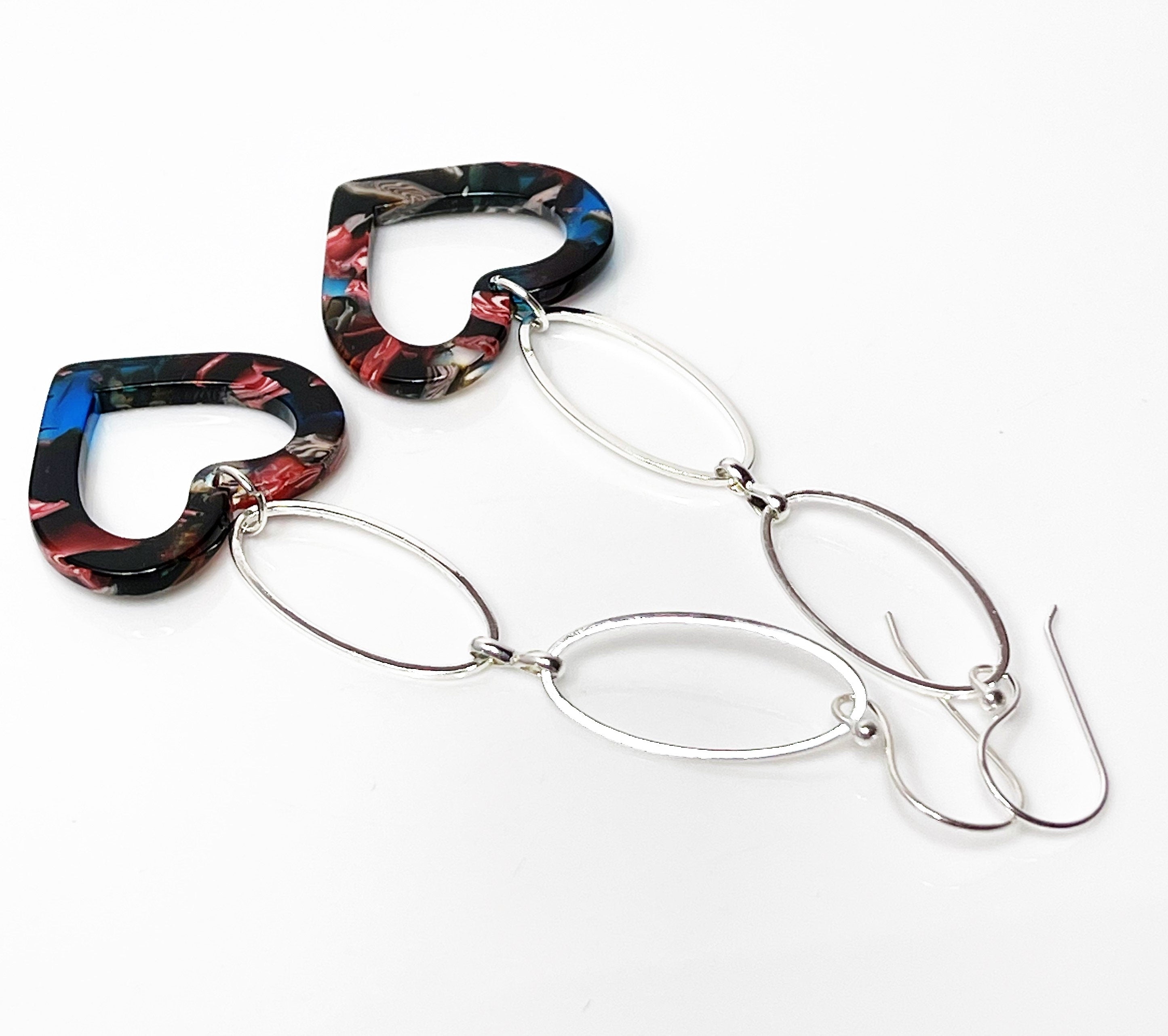 Rainbow Heart Tortoise Shell Earrings, Silver Acrylic Drops,